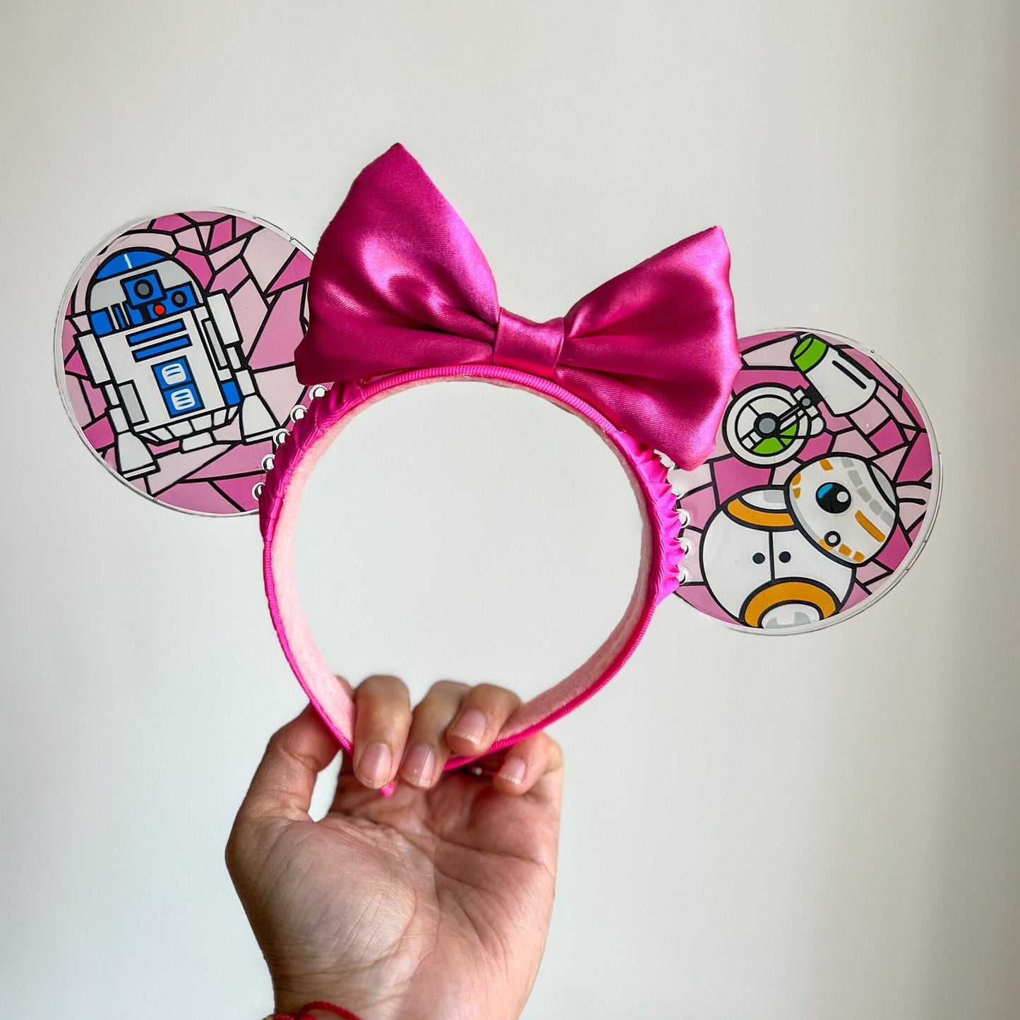 Pink Droids Faux stained glass vitral ears / r2d2 bb8 droids stained glass windows / Resin mouse ears