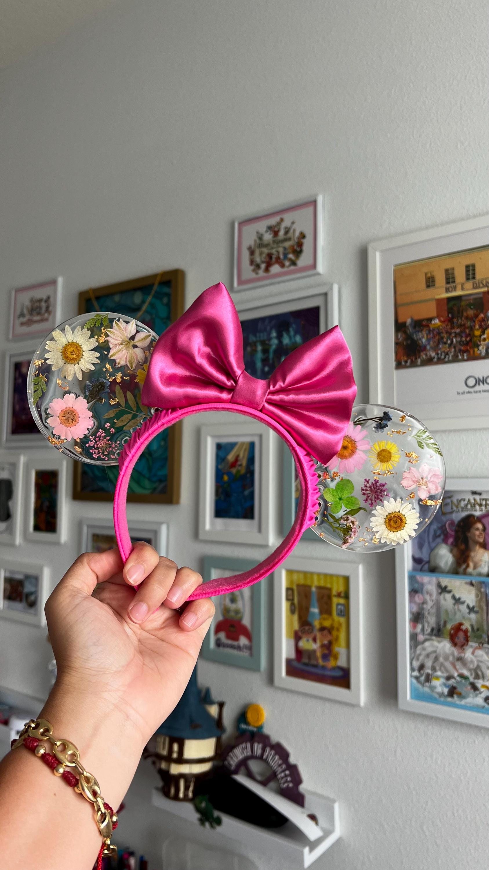 Resin pressed hard pink flowers mouse ears / Resin dried flowers / fuchsia disney floral mouse ears/ flower & garden festival ears