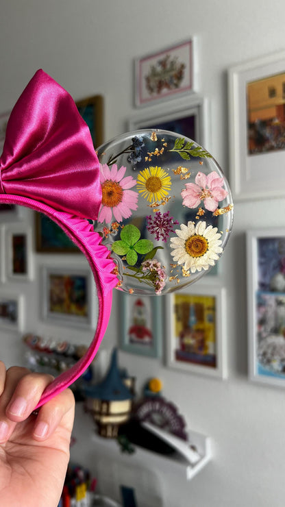 Resin pressed hard pink flowers mouse ears / Resin dried flowers / fuchsia disney floral mouse ears/ flower & garden festival ears