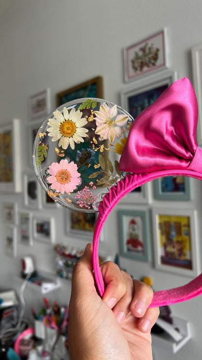 Resin pressed hard pink flowers mouse ears / Resin dried flowers / fuchsia disney floral mouse ears/ flower & garden festival ears