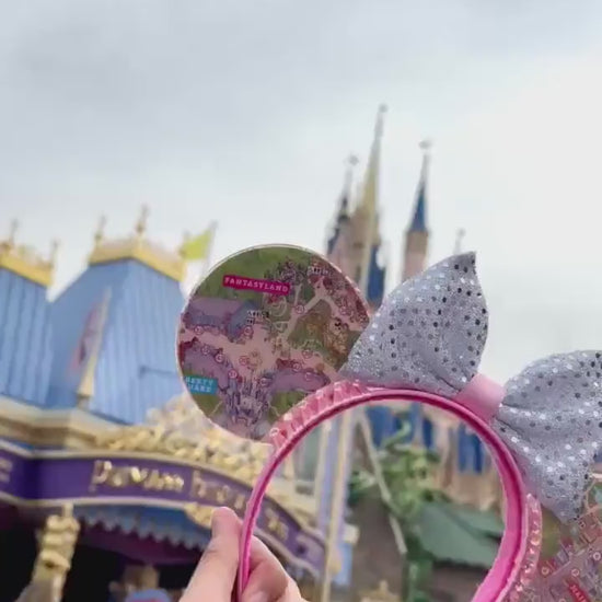 Magic kingdom Park map ears/ fantasyland map ears / Pink and silver glitter disney map  ears