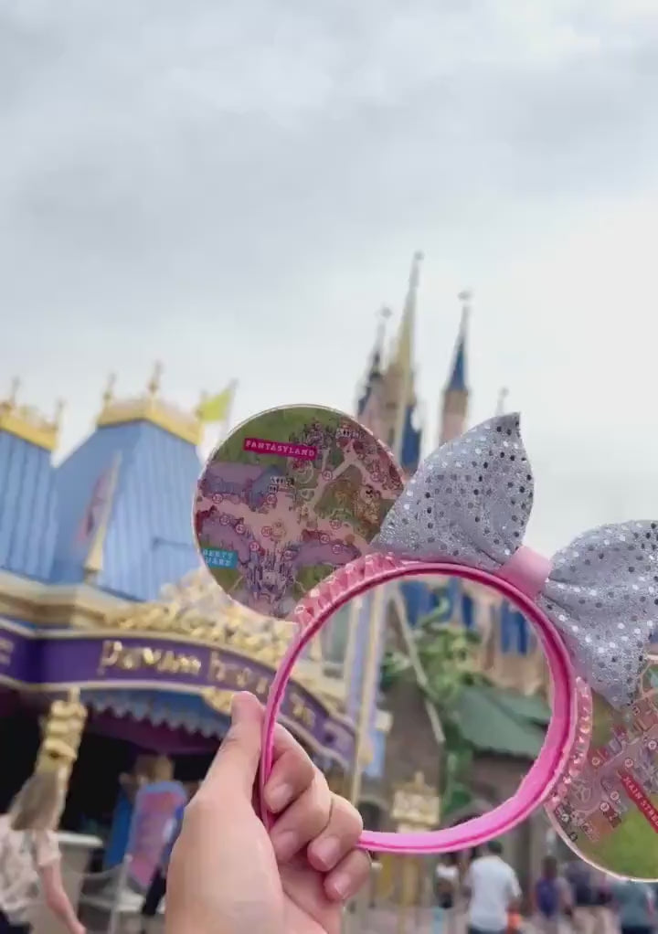 Magic kingdom Park map ears/ fantasyland map ears / Pink and silver glitter disney map  ears