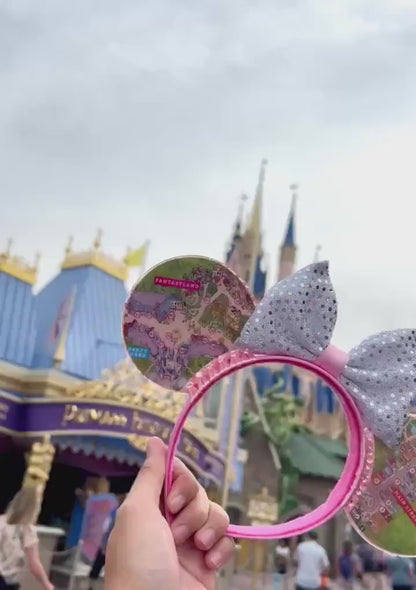 Magic kingdom Park map ears/ fantasyland map ears / Pink and silver glitter disney map  ears
