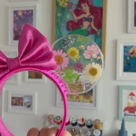 Resin pressed hard pink  flowers mouse ears / Resin dried flowers / fuchsia disney floral mouse ears/ flower & garden festival ears