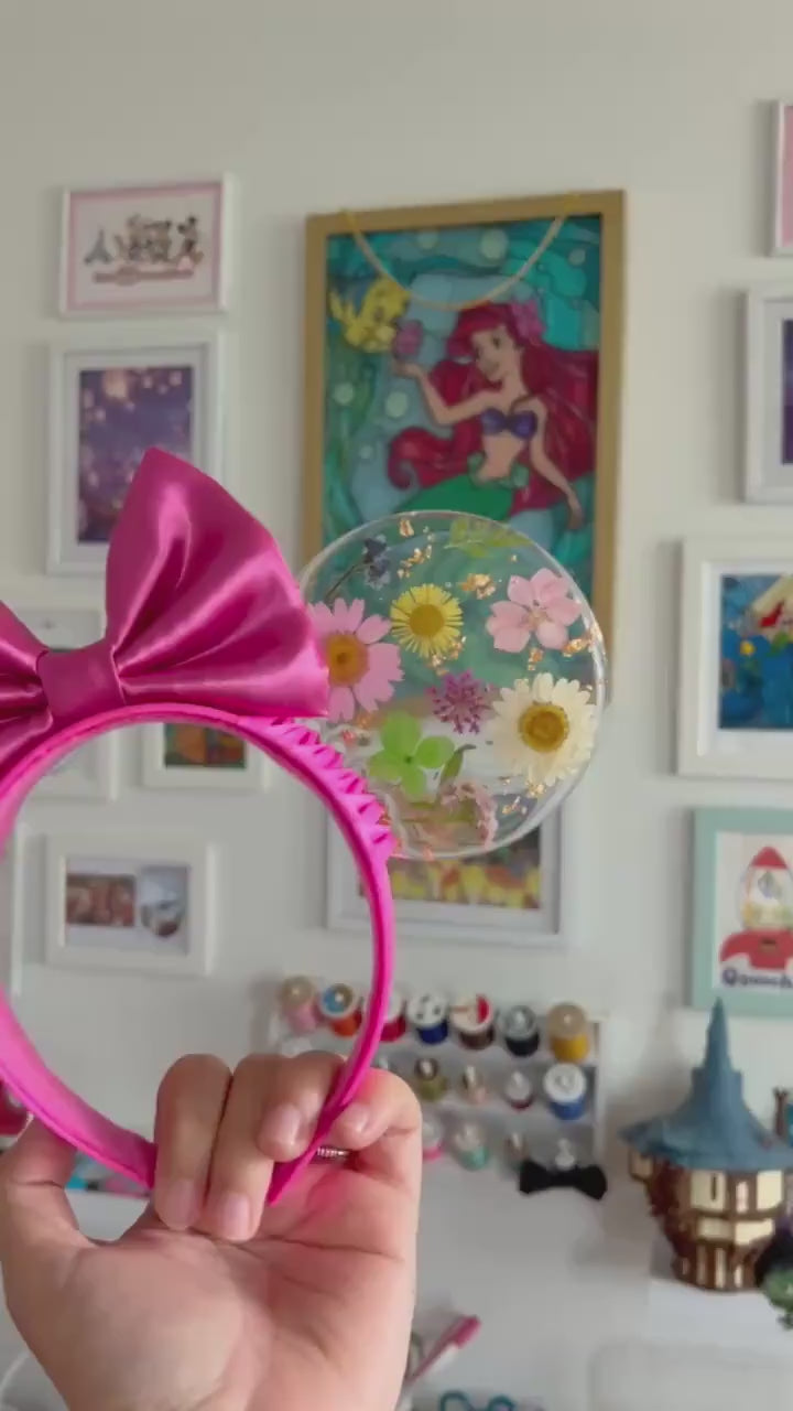 Resin pressed hard pink  flowers mouse ears / Resin dried flowers / fuchsia disney floral mouse ears/ flower & garden festival ears